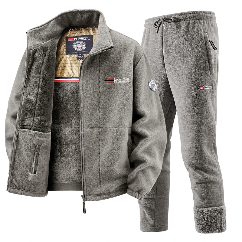 Outdoor Sport Winter Jacket - Mens Winter Fleece Tracksuit Set Thickened